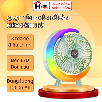 Quạt tích điện để bàn văn phòng xoay 180 độ, Quạt tích điện mini tích hợp đèn ngủ mặt trăng 7 màu làm mát với 3 chế độ