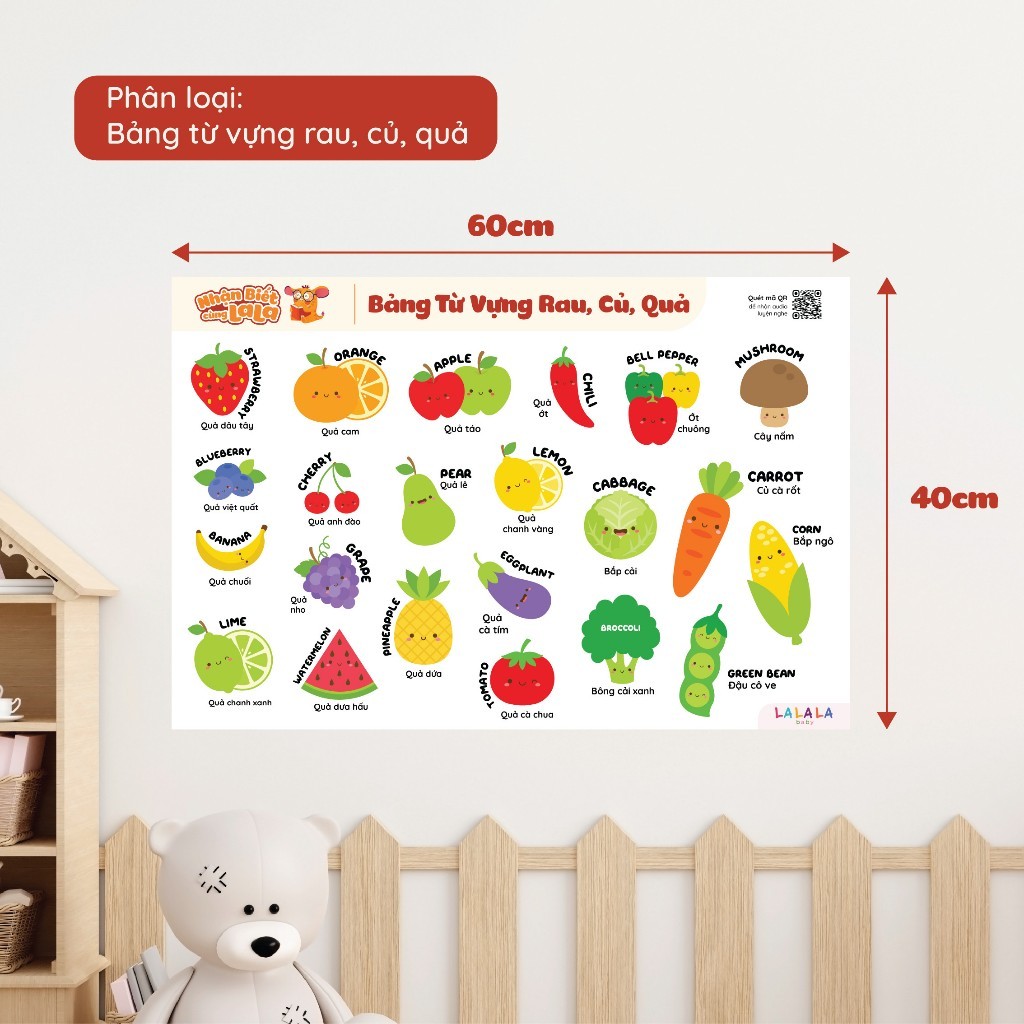 Bảng chữ cái chữ số poster dán tường song ngữ Anh - Việt kèm file nghe cho bé.