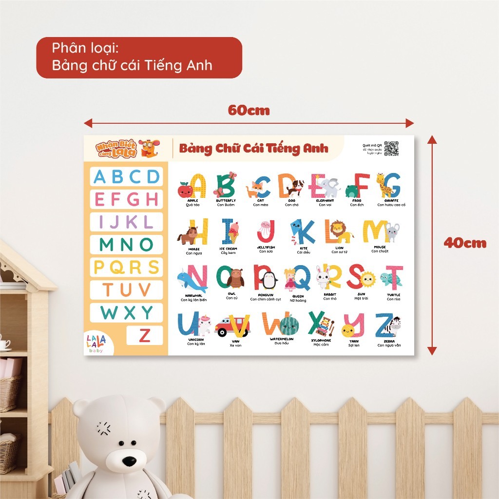 Bảng chữ cái chữ số poster dán tường song ngữ Anh - Việt kèm file nghe cho bé.