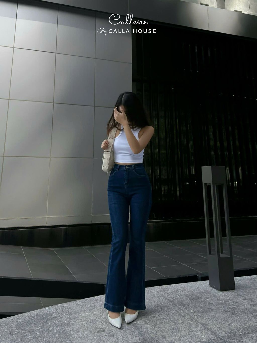 Ảnh Quần jeans nữ dài ống loe lai bản to 4 phân cạp cao tôn dáng Callene (L1874) 3