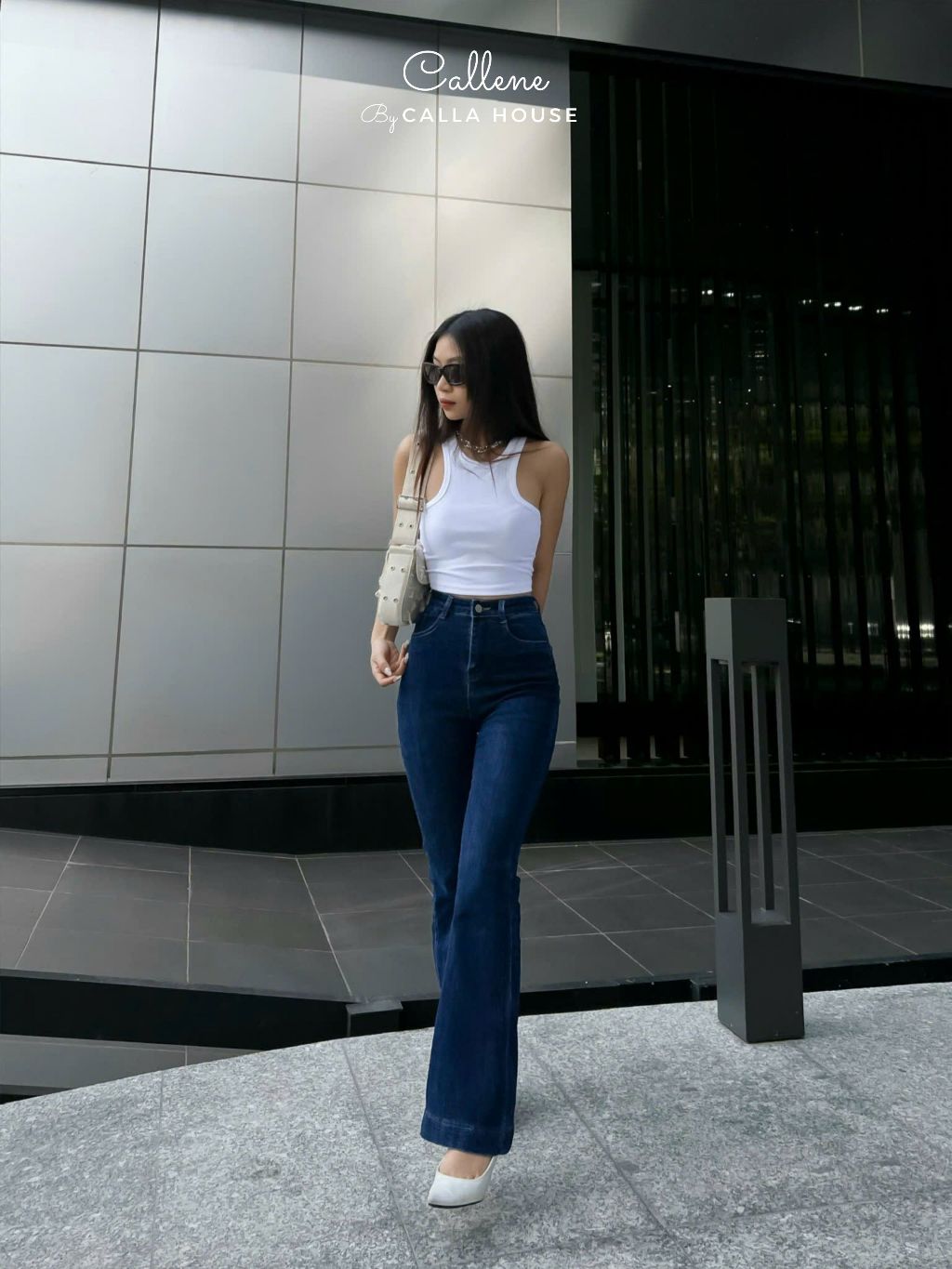 Ảnh Quần jeans nữ dài ống loe lai bản to 4 phân cạp cao tôn dáng Callene (L1874) 1