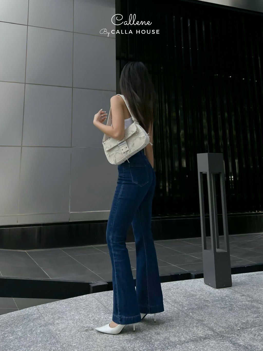 Ảnh Quần jeans nữ dài ống loe lai bản to 4 phân cạp cao tôn dáng Callene (L1874) 2