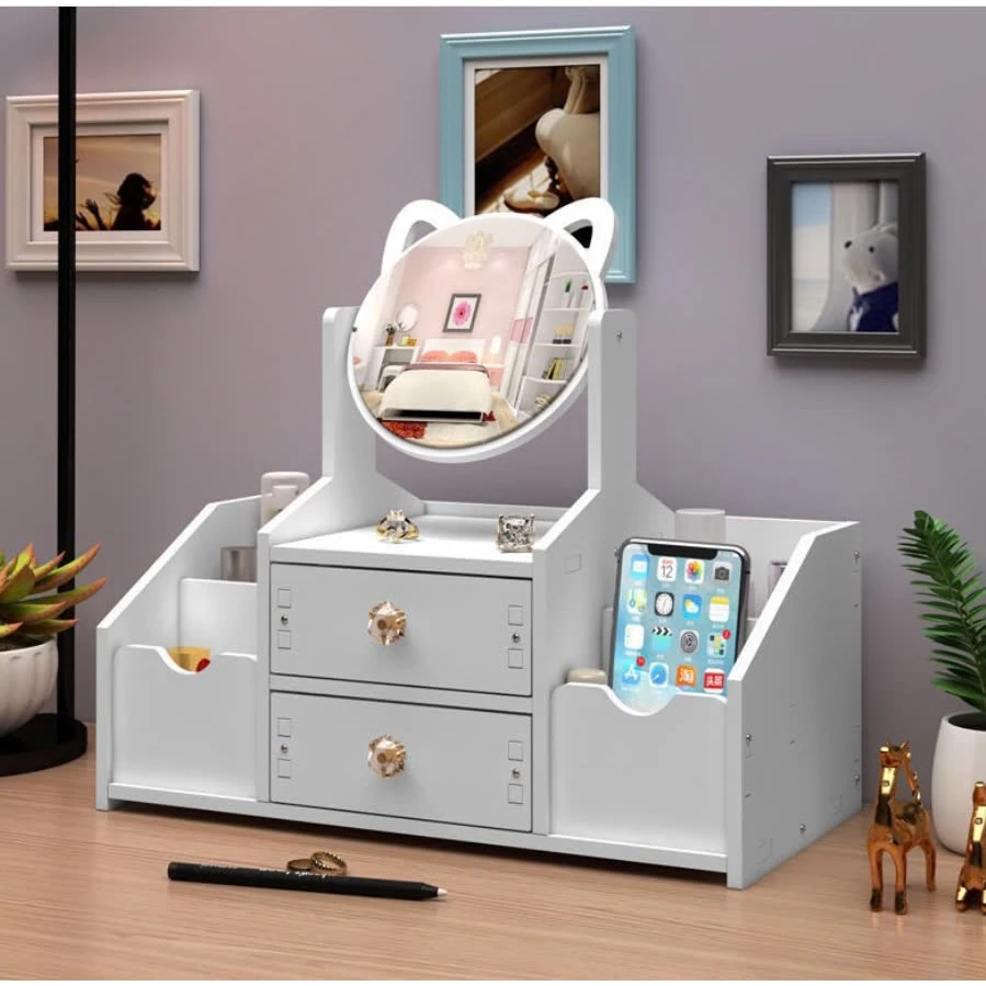 Kệ Tủ Đựng Mỹ Phẩm Mini Kệ Để Đồ Trang Điểm, Đồ Cá Nhân, Có Kèm Gương Tai Mèo Dễ Thương