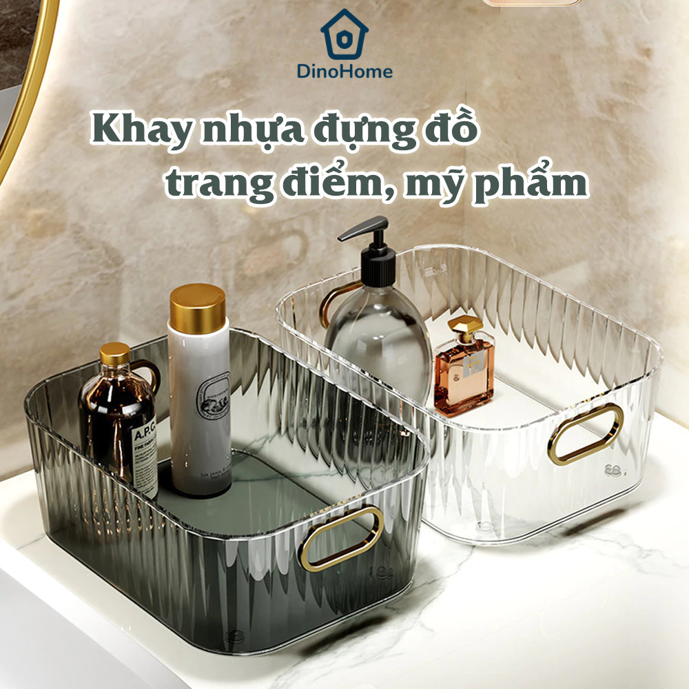 Khay nhựa trong suốt đựng mỹ phẩm DINO có tay cầm đựng đồ để bàn, dụng cụ trang điểm đa năng gọn gàng