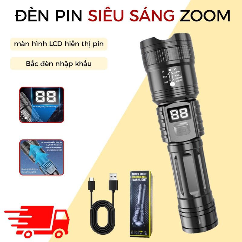 Đèn pin siêu sáng Đèn pin zoom Chống nước và chống rơi Đèn pin hiển thị kỹ thuật số thông minh Sạc USB Tầm xa