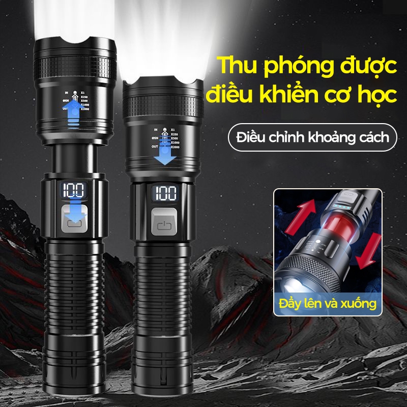 Đèn pin siêu sáng Đèn pin zoom Chống nước và chống rơi Đèn pin hiển thị kỹ thuật số thông minh Sạc USB Tầm xa