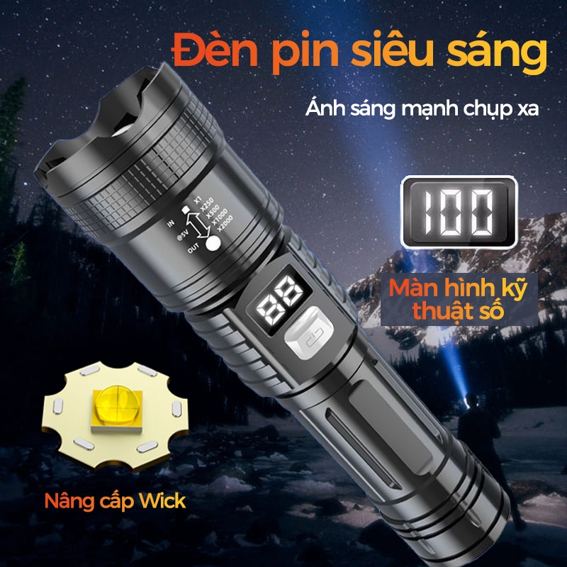 Đèn pin siêu sáng Đèn pin zoom Chống nước và chống rơi Đèn pin hiển thị kỹ thuật số thông minh Sạc USB Tầm xa
