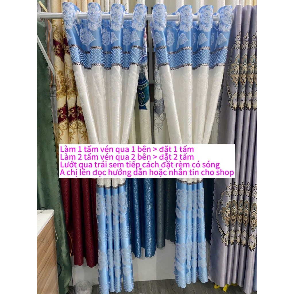 Gấm hoa văn màu xanh leo phối nền kem trắng giá của 1 tấm rèm căng thẳng chưa bao gồm thanh treo cản nắng 70%