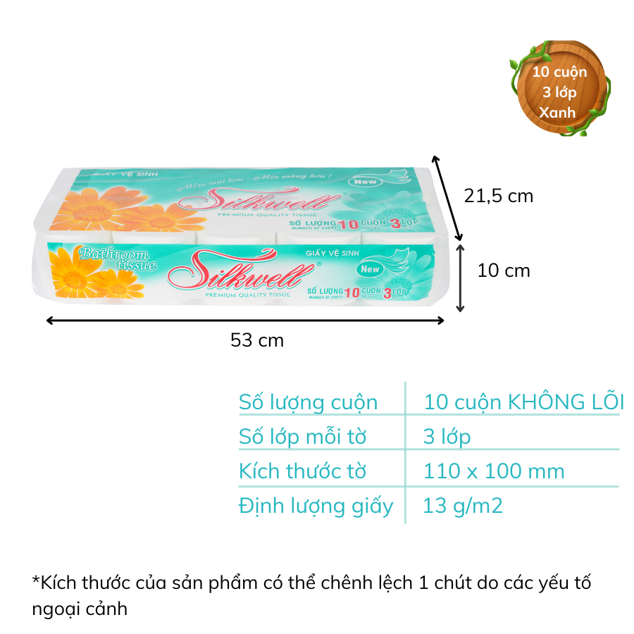 Giấy vệ sinh Silkwell Xanh Ngọc 10 cuộn 3 lớp có lõi, chất giấy siêu dai, không có mủn giấy