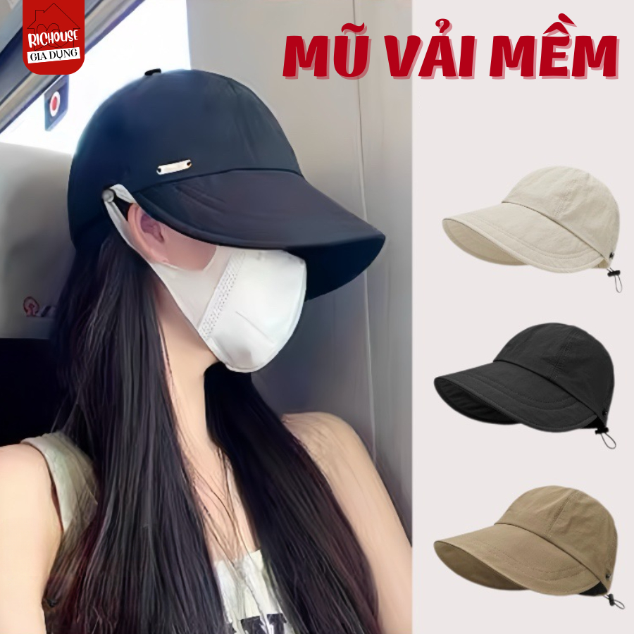 Mũ chống nắng Hàn Quốc, Nón vành rộng có móc đeo khẩu trang, chất liệu vải Acrylic thoáng mát