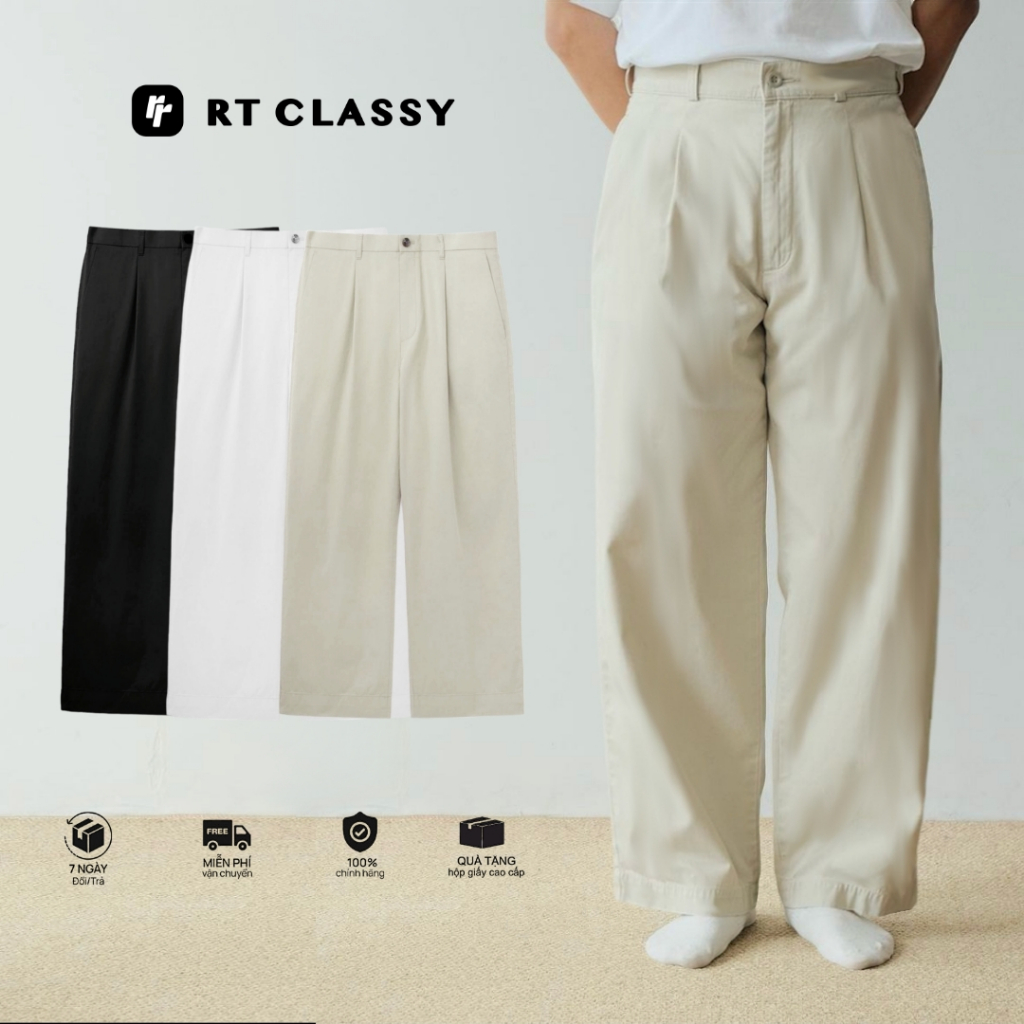 Quần Tây Kaki Nam Ống Rộng RT CLASSY Cạp Cao Không Nhăn Chất Liệu Cotton Dày Dặn