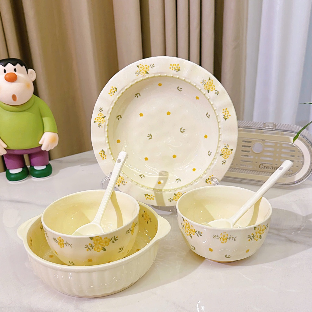 Bộ chén sứ, đĩa, thố, tô, ly ,bộ dụng cụ ăn cơm gia đình hoa Bi vàng đáng yêu - Gốm sứ SH