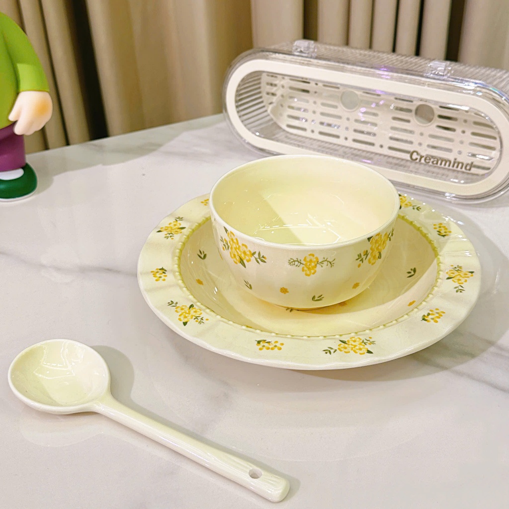 Bộ chén sứ, đĩa, thố, tô, ly ,bộ dụng cụ ăn cơm gia đình hoa Bi vàng đáng yêu - Gốm sứ SH