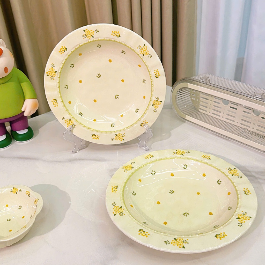 Bộ chén sứ, đĩa, thố, tô, ly ,bộ dụng cụ ăn cơm gia đình hoa Bi vàng đáng yêu - Gốm sứ SH