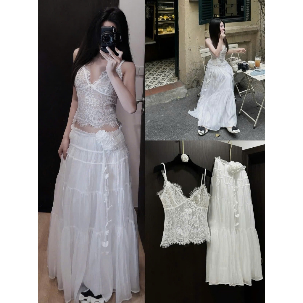 ✅Set Áo Ren Kèm Chân Váy Tầng Tag Hoa Mùa Hè Siêu Xinh