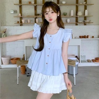 Áo kiểu cánh tiên cổ tròn phối cúc gỗ dáng babydoll phong cách Hàn Quốc - K9