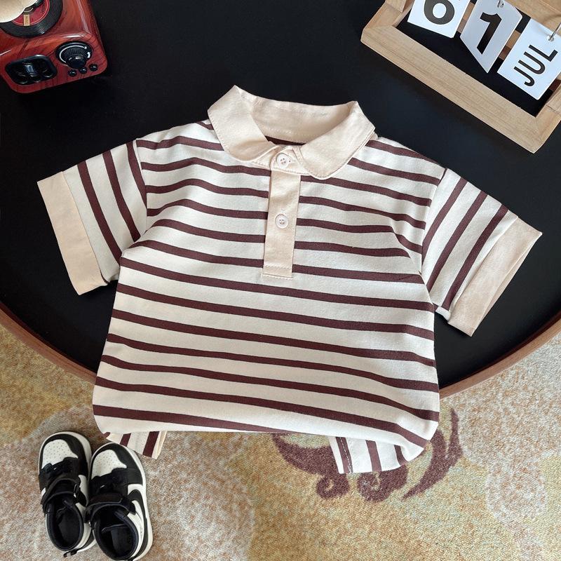 (Hàng QCCC) Bộ quần áo QC áo polo kẻ nâu cotton mịn kèm quần vải gió bo gấu mềm mát cho bé đi chơi đi học gồm áo và quần