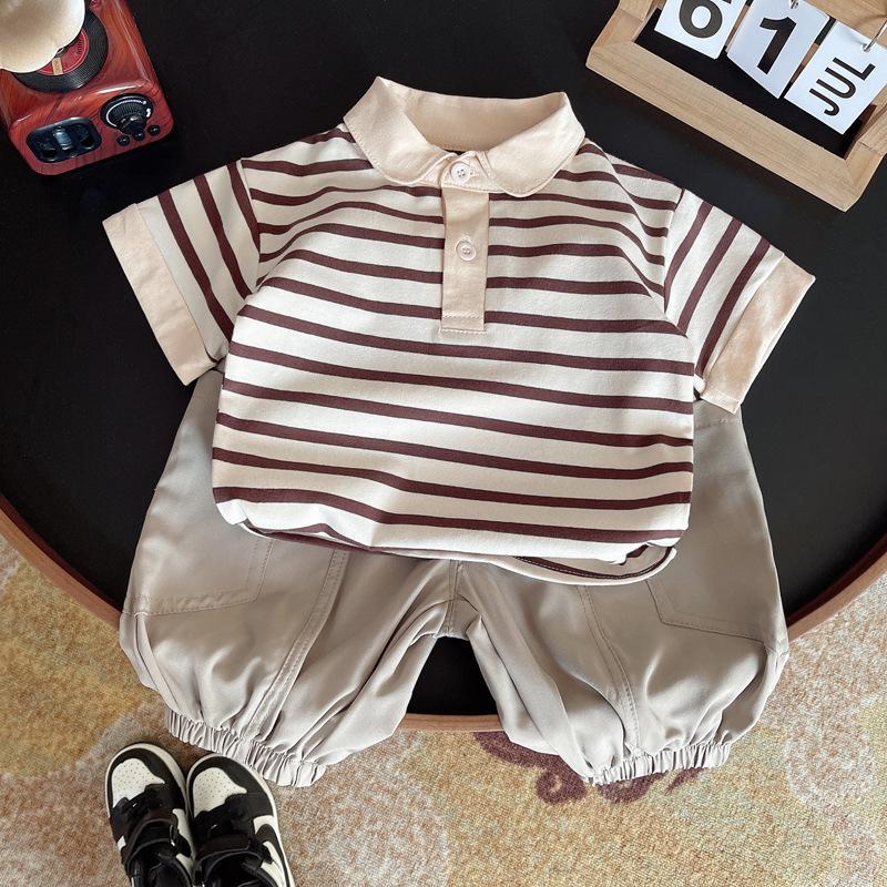 (Hàng QCCC) Bộ quần áo QC áo polo kẻ nâu cotton mịn kèm quần vải gió bo gấu mềm mát cho bé đi chơi đi học gồm áo và quần