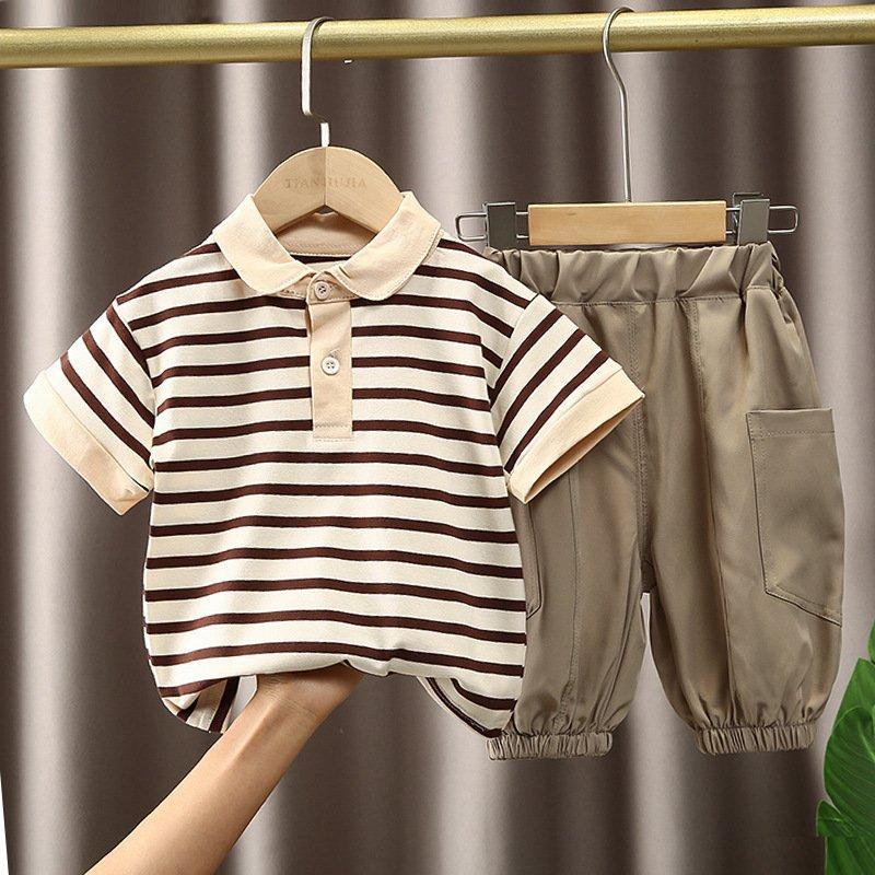(Hàng QCCC) Bộ quần áo QC áo polo kẻ nâu cotton mịn kèm quần vải gió bo gấu mềm mát cho bé đi chơi đi học gồm áo và quần