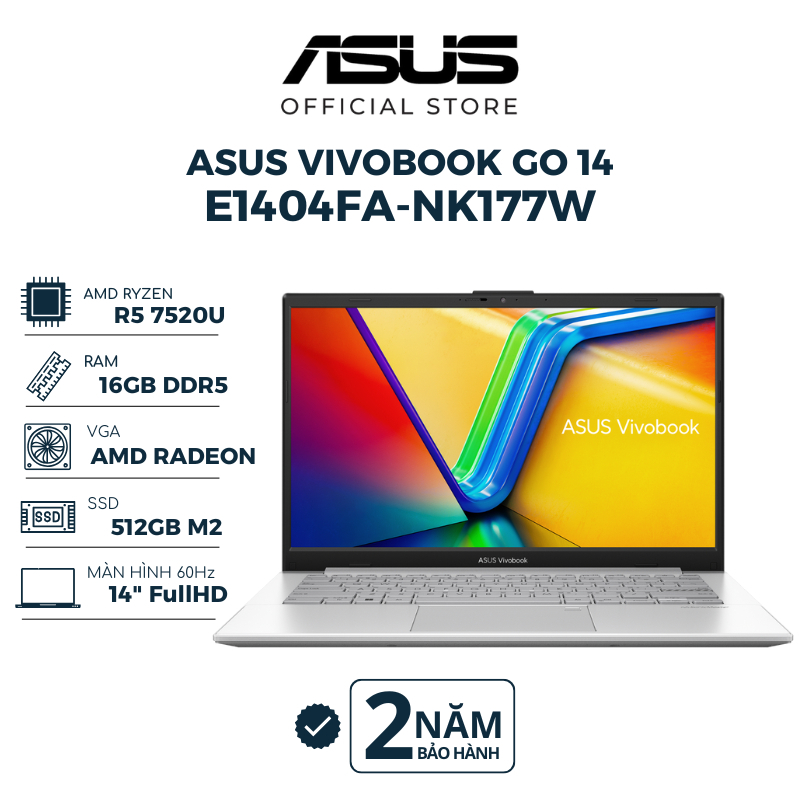 Ảnh Laptop Asus Vivobook Go 14 E1404FA-NK177W Ryzen 5 7520U | 16GB | 512GB | 14" FHD | AMD Radeon | Win 11 | Bạc BH 24 Tháng 1