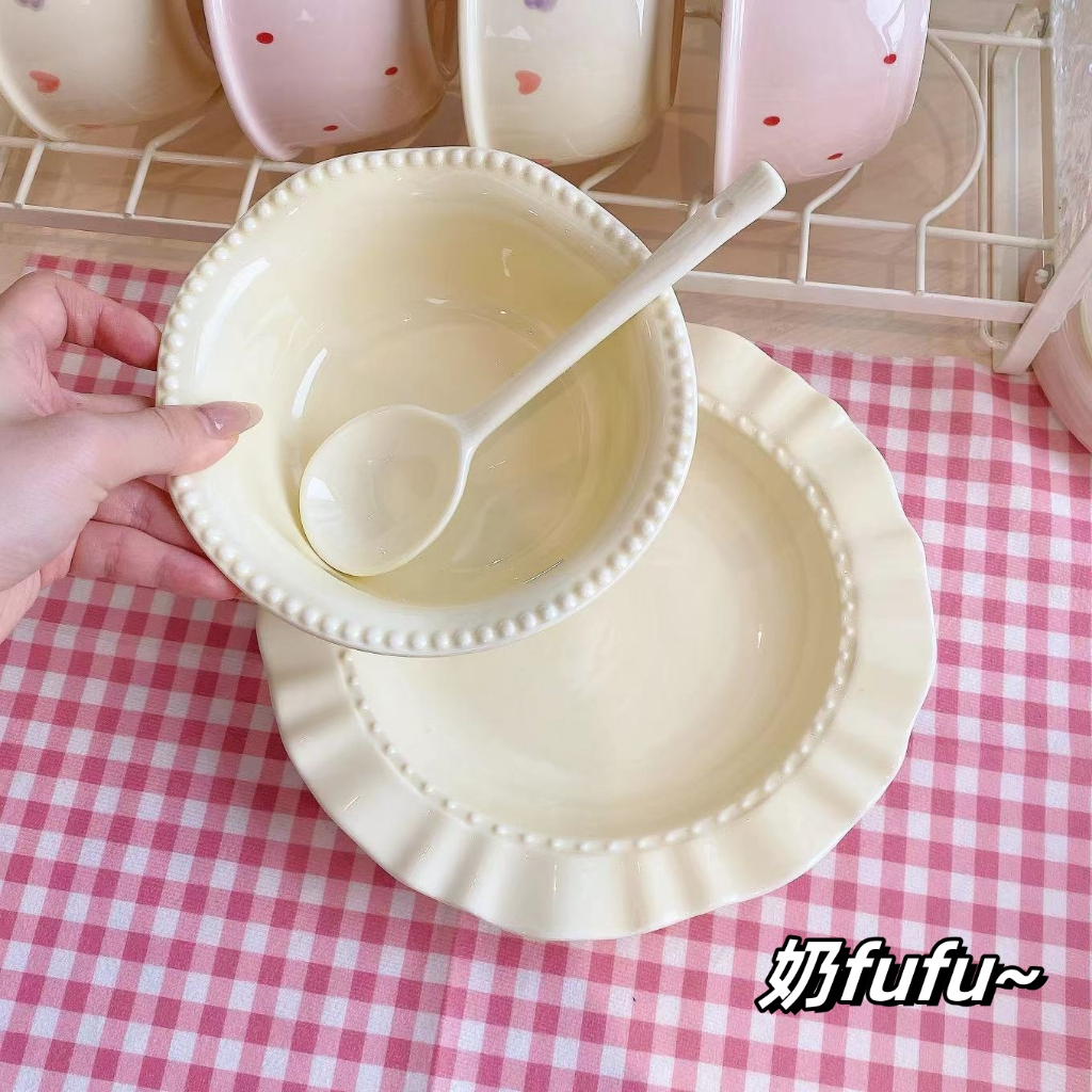 Bộ chén sứ, đĩa, thố, tô, ly ,bộ dụng cụ ăn cơm gia đình màu Kem trơn Pastel - Gốm sứ SH