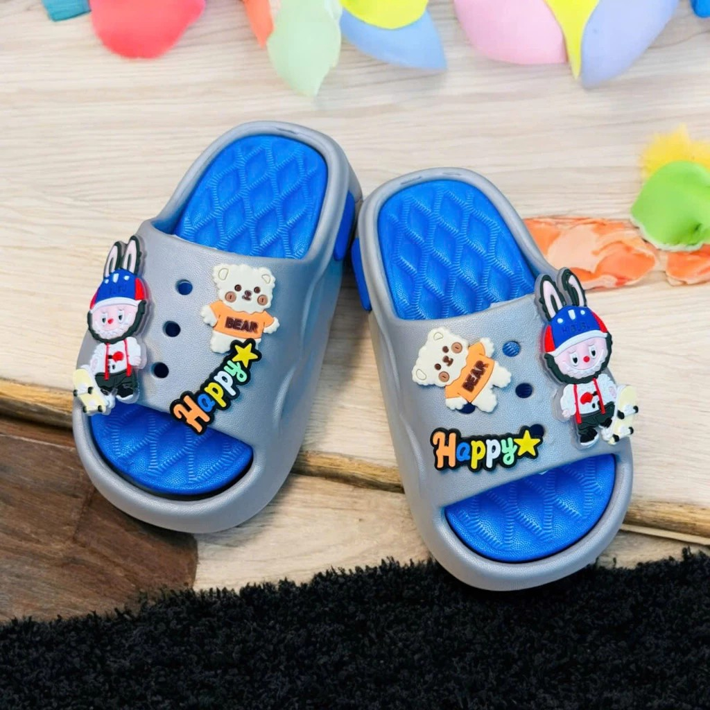 Dép bánh mì thiết kế đế caro cho bé trai hình thỏ labubu happy siêu nhẹ đế dày cao cấp
