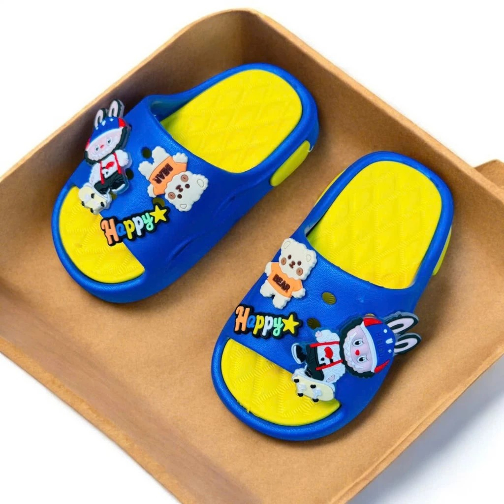 Dép bánh mì thiết kế đế caro cho bé trai hình thỏ labubu happy siêu nhẹ đế dày cao cấp