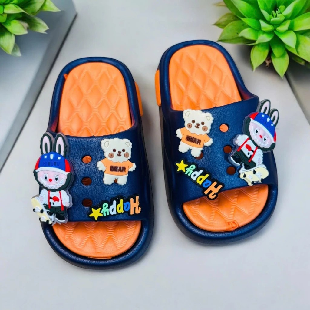 Dép bánh mì thiết kế đế caro cho bé trai hình thỏ labubu happy siêu nhẹ đế dày cao cấp