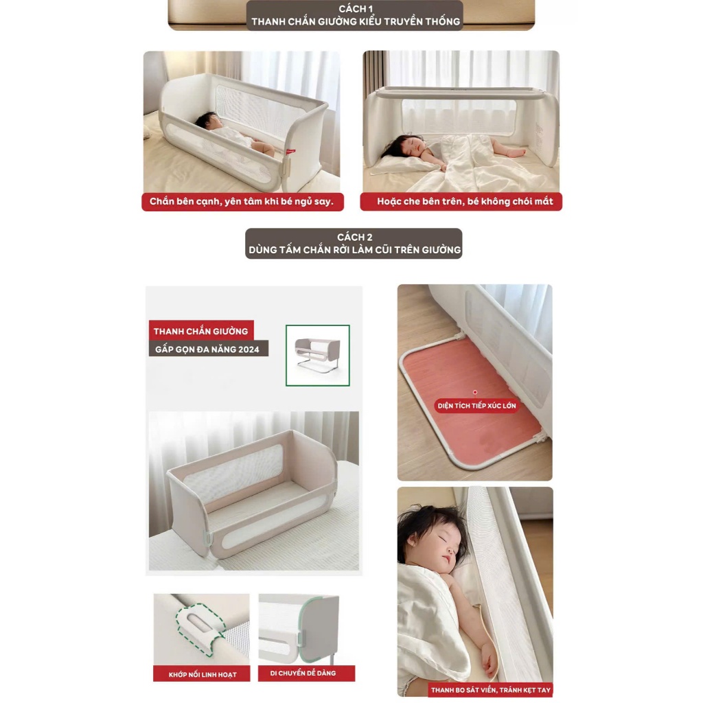 Nôi ngủ chung giường khung sắt cao cấp,Thanh chắn giường đa năng Honalife, Thanh chắn giường gấp gọn tiện lợi