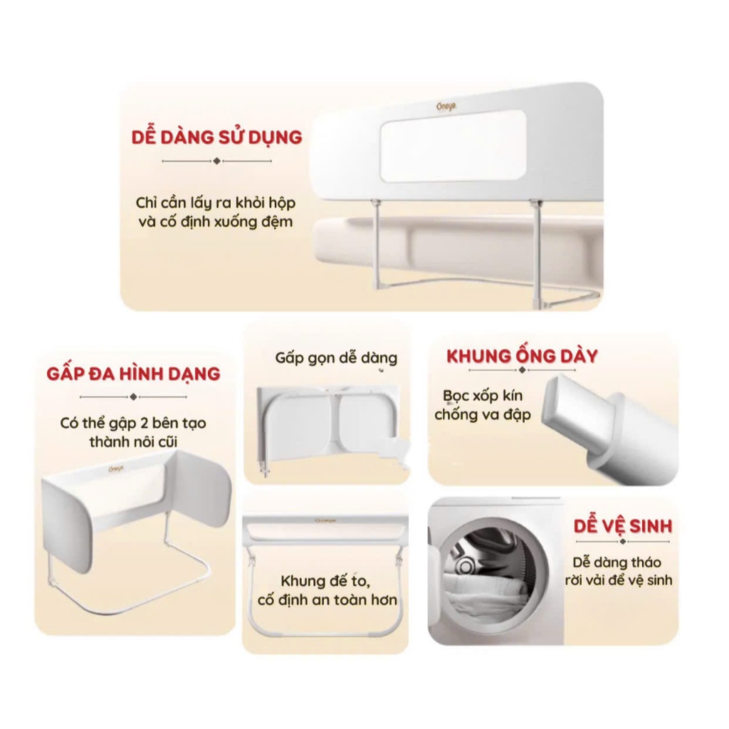 Nôi ngủ chung giường khung sắt cao cấp,Thanh chắn giường đa năng Honalife, Thanh chắn giường gấp gọn tiện lợi