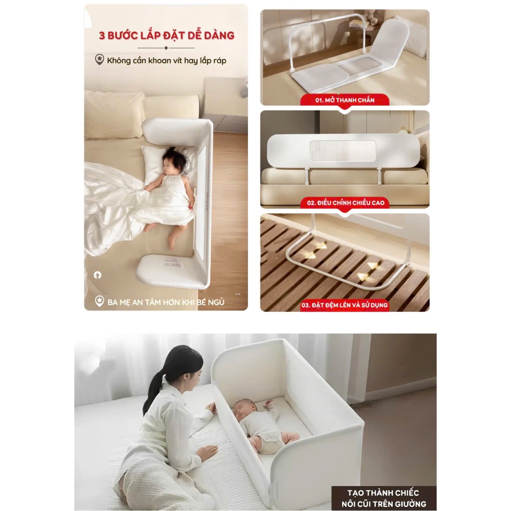 Nôi ngủ chung giường khung sắt cao cấp,Thanh chắn giường đa năng Honalife, Thanh chắn giường gấp gọn tiện lợi