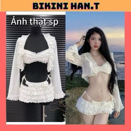Ảnh Bikini đồ bơi đi biển 4 món BÈO TẦNG đính hoa, chất lưới tiểu thư mềm sang chảnh 1