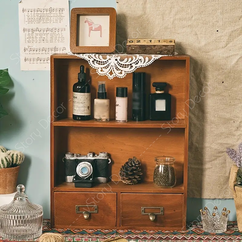 Kệ gỗ vintage đa năng, trang trí và lưu trữ đồ vật nhỏ như mỹ phẩm, máy ảnh, lọ đựng gia vị, hoặc đồ lưu niệm, mô hình