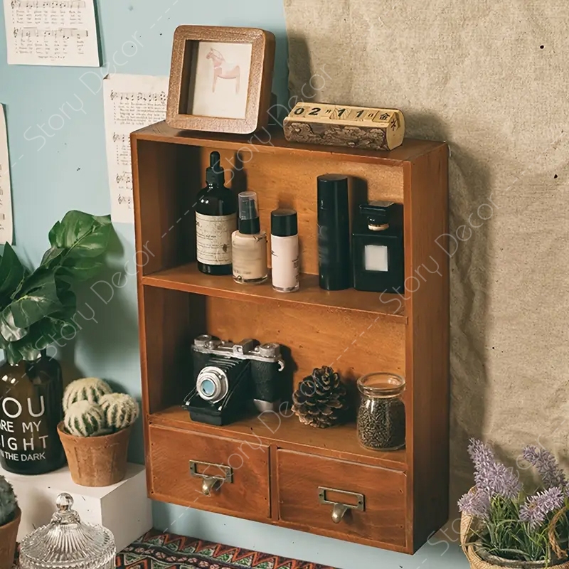 Kệ gỗ vintage đa năng, trang trí và lưu trữ đồ vật nhỏ như mỹ phẩm, máy ảnh, lọ đựng gia vị, hoặc đồ lưu niệm, mô hình