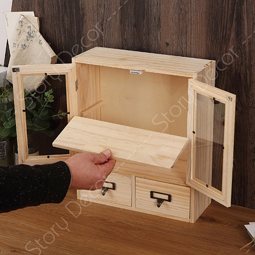 Hộp tủ gỗ có cửa mica trong suốt và ngăn kéo, để sắp xếp mỹ phẩm, phụ kiện nhỏ và đồ trang trí nhà cửa, để bàn