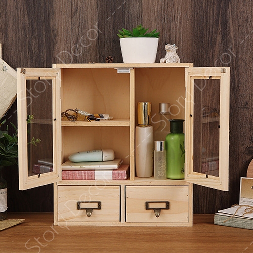 Hộp tủ gỗ có cửa mica trong suốt và ngăn kéo, để sắp xếp mỹ phẩm, phụ kiện nhỏ và đồ trang trí nhà cửa, để bàn