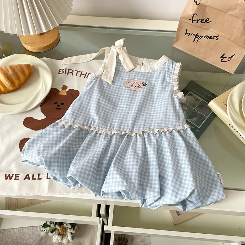 (Order) Váy sát nách dáng bí đính nơ ở vai thêu hình chó con đáng yêu dành cho bé gái