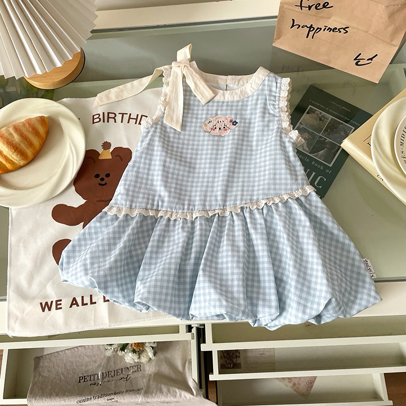 (Order) Váy sát nách dáng bí đính nơ ở vai thêu hình chó con đáng yêu dành cho bé gái