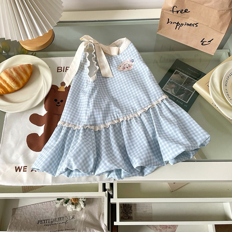 (Order) Váy sát nách dáng bí đính nơ ở vai thêu hình chó con đáng yêu dành cho bé gái