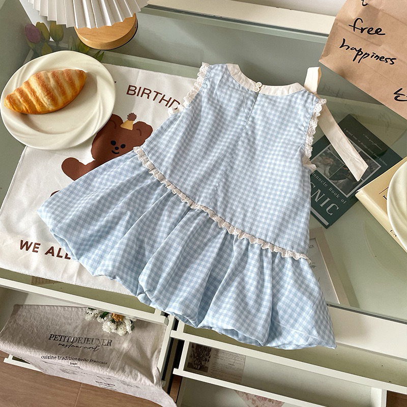 (Order) Váy sát nách dáng bí đính nơ ở vai thêu hình chó con đáng yêu dành cho bé gái