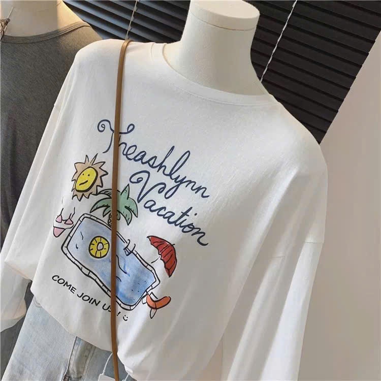 Áo dài tay trắng Nữ in hình siêu xinh JULY FASHION, Áo thun nữ tay dài chất thun xượt chống nắng mùa hè 2025