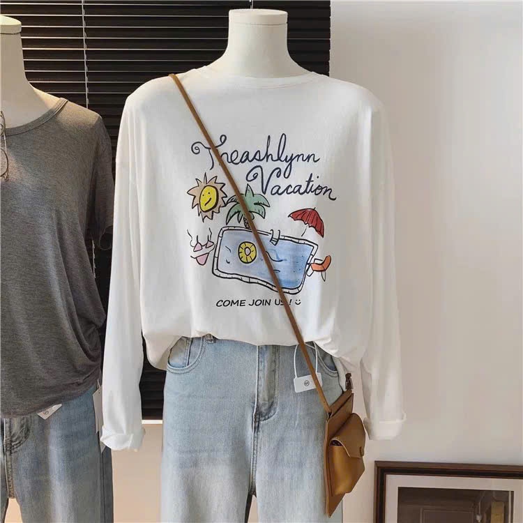 Áo dài tay trắng Nữ in hình siêu xinh JULY FASHION, Áo thun nữ tay dài chất thun xượt chống nắng mùa hè 2025