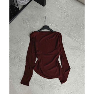 Áo Thun Trơn Lệch Vai Dài Tay Nhún Rúm Eo Áo Thun Thu Đông Ôm Body Hở Trễ Vai Hàn Quốc Freesize