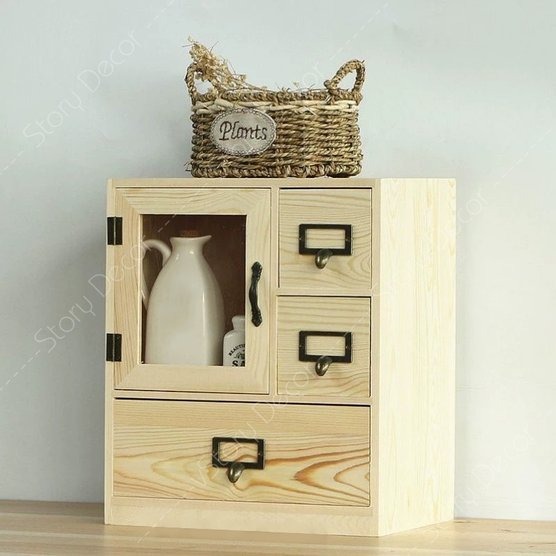 Hộp lưu trữ để bàn loại ngăn kéo và cánh tủ bằng gỗ tự nhiên đựng đồ trang điểm, phụ kiện, dùng trong văn phòng