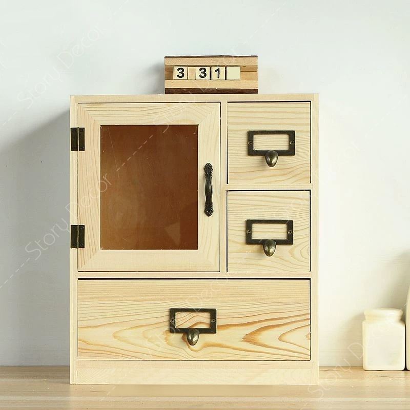 Hộp lưu trữ để bàn loại ngăn kéo và cánh tủ bằng gỗ tự nhiên đựng đồ trang điểm, phụ kiện, dùng trong văn phòng