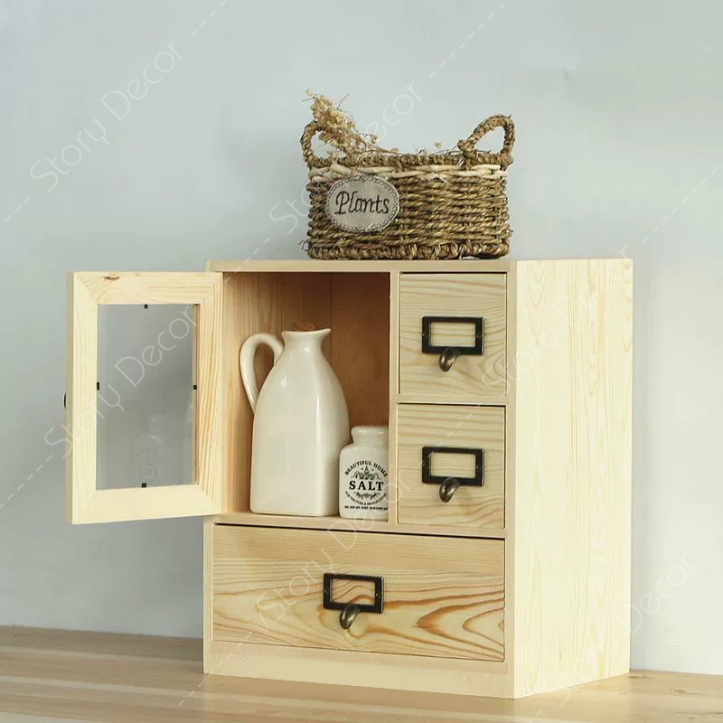 Hộp lưu trữ để bàn loại ngăn kéo và cánh tủ bằng gỗ tự nhiên đựng đồ trang điểm, phụ kiện, dùng trong văn phòng