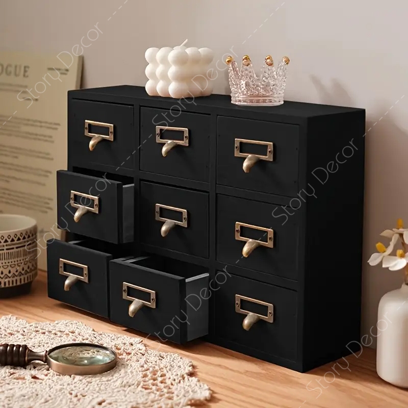Hộp tủ lưu trữ để bàn loại ngăn kéo bằng gỗ tự nhiên sơn màu đen đựng đồ mỹ phẩm, phụ kiện, dùng trong văn phòng