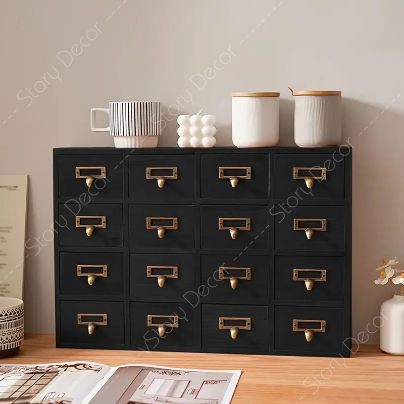 Hộp tủ lưu trữ để bàn loại ngăn kéo bằng gỗ tự nhiên sơn màu đen đựng đồ mỹ phẩm, phụ kiện, dùng trong văn phòng