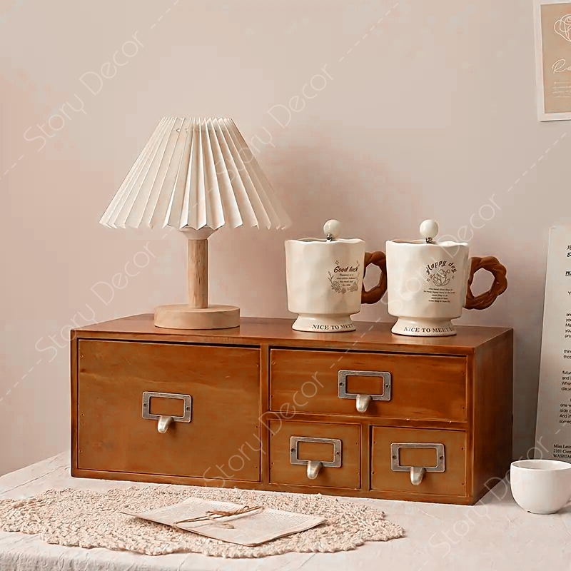 Hộp tủ đựng đồ bằng gỗ tự nhiên sơn màu nâu kiểu dáng cổ điển, ngăn kéo, giá để đồ cho học sinh, mỹ phẩm, phụ kiện