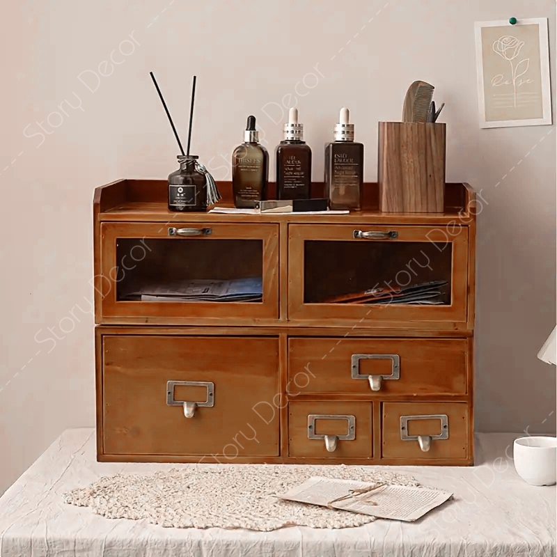 Hộp tủ đựng đồ bằng gỗ tự nhiên sơn màu nâu kiểu dáng cổ điển, ngăn kéo, giá để đồ cho học sinh, mỹ phẩm, phụ kiện